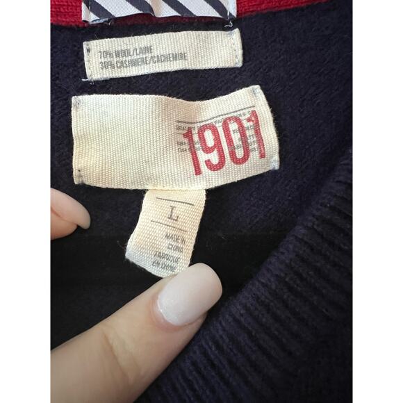 1901 Men's V Neck Cashmere Wool Pullover Sweater Long Sleeve Navy Blue Size L - Picture 5 of 9